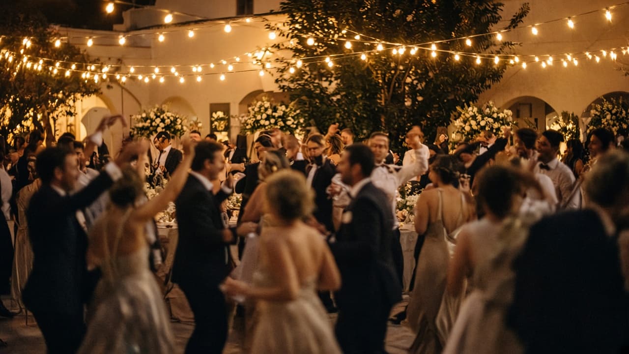 Guests under string lights